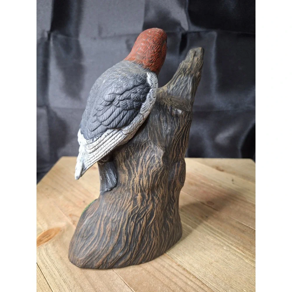 Vintage Red Headed Woodpecker Ceramic Figurine Bird on Tree Stump Statue 8.5